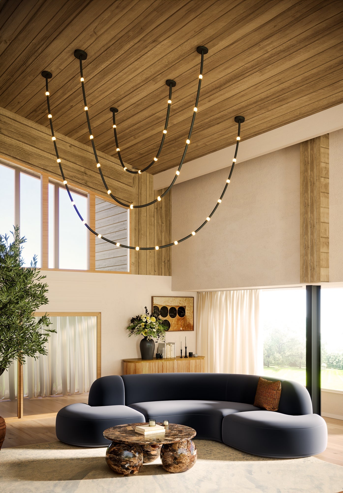 Kuzco Lighting PD39307-BK/OP-UNV Pendant, 7-ft Adjustable with Opal Glass Globes, Black Finish