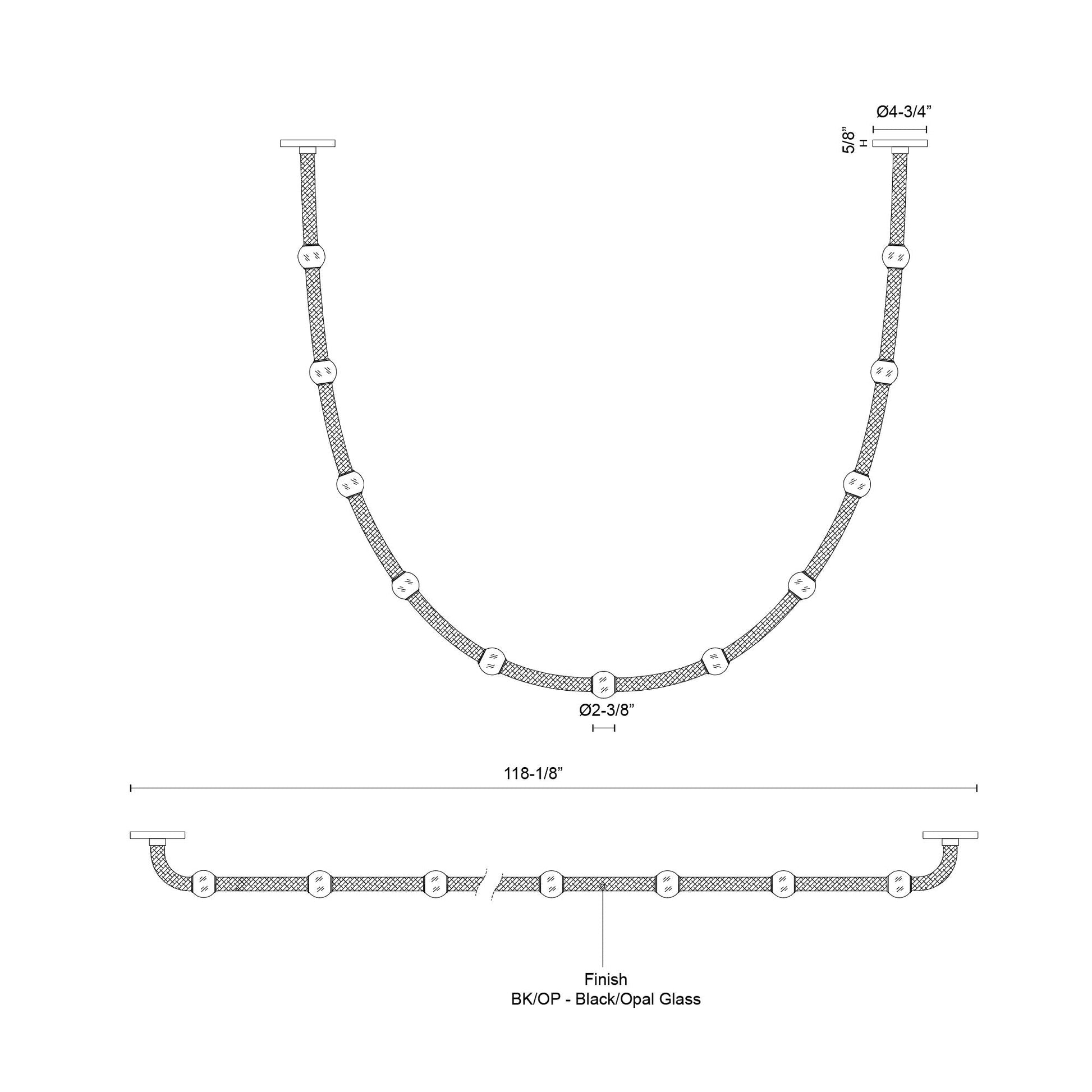 Kuzco Corda PD39310-BK/OP-UNV-010-RT Pendant, Adjustable Fabric Rope, Black/Opal Glass