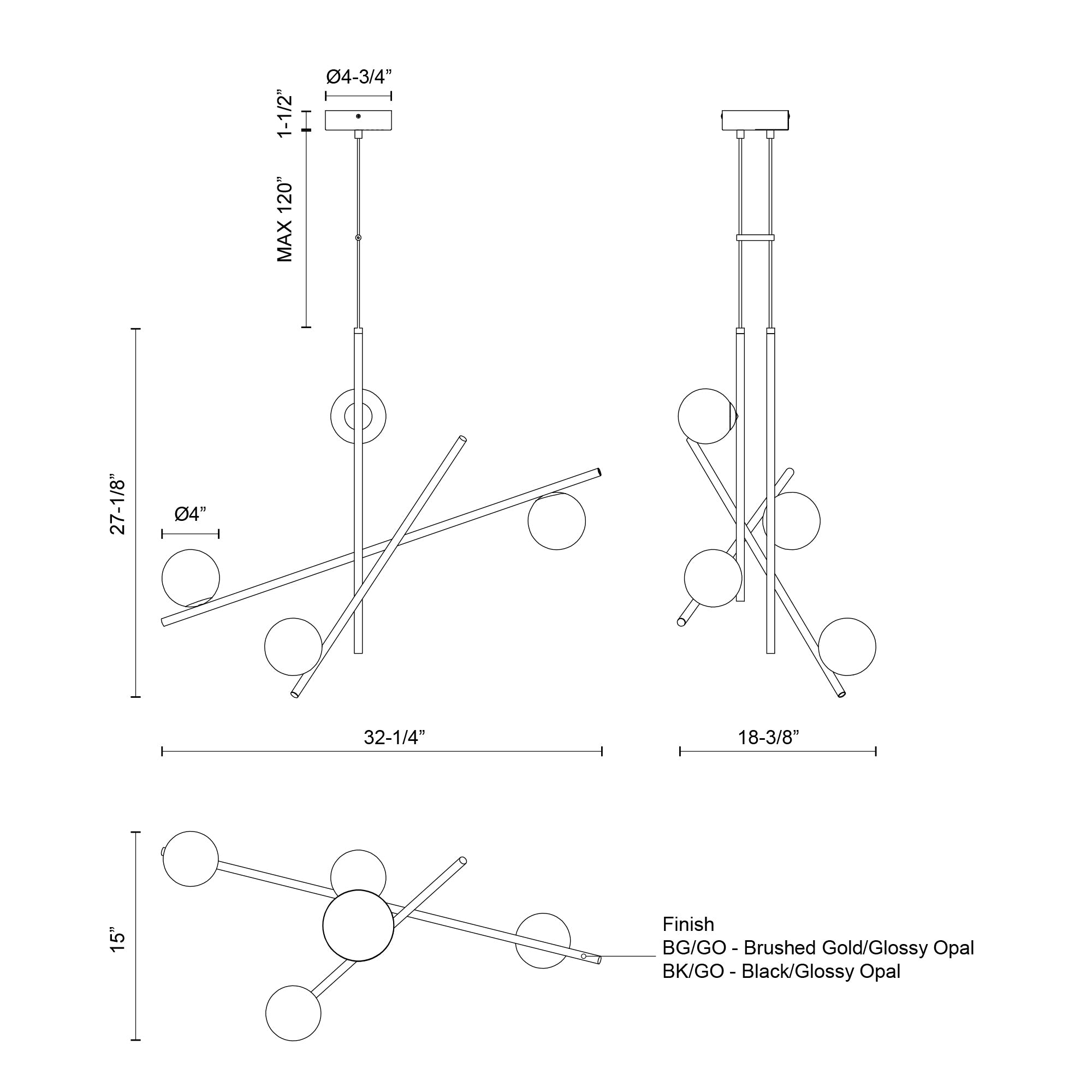 Amara, Chandelier, 18.38" – Brushed Gold/Glossy Opal Glass – CH89832-BG/GO-UNV