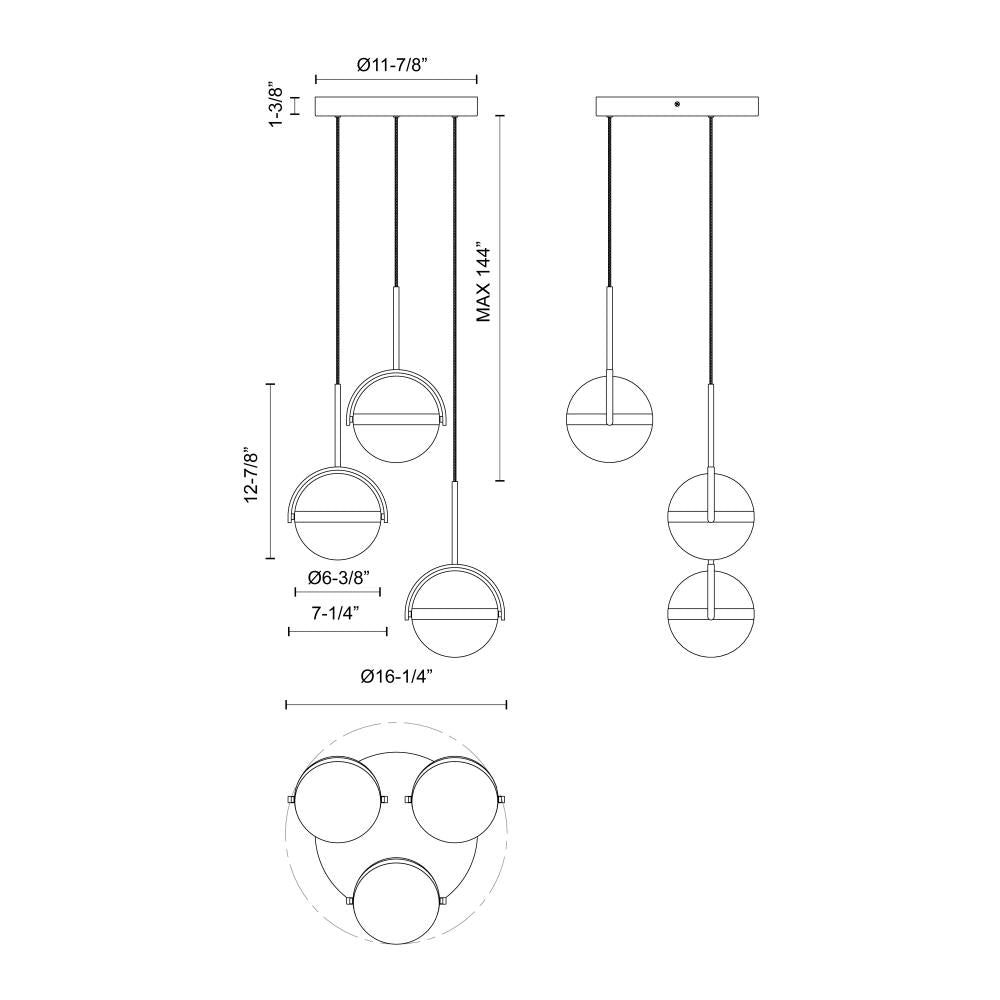 ALORA Lighting MP301003MB Globo 3 Head Multi Pendant, LED, Matte Black