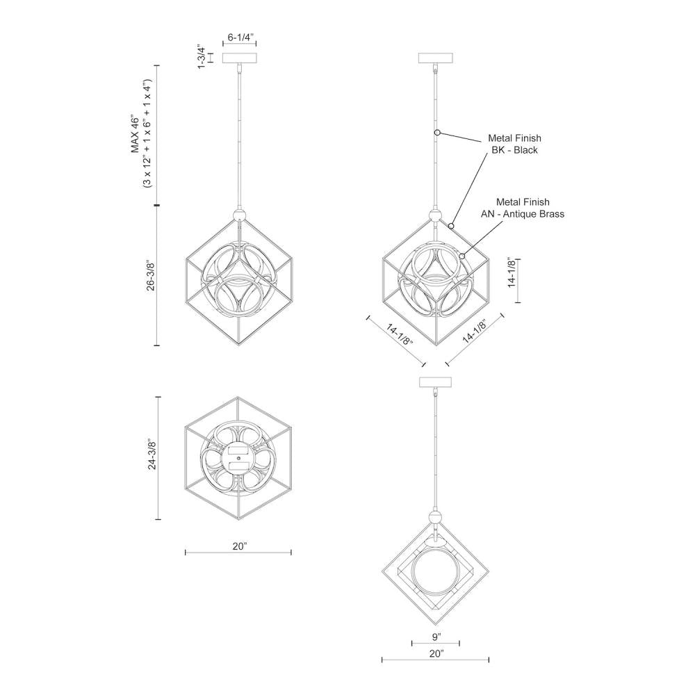 Kuzco Lighting CH19220-BK/AN LED Chandelier, Custom Options Available, Black/Antique Brass