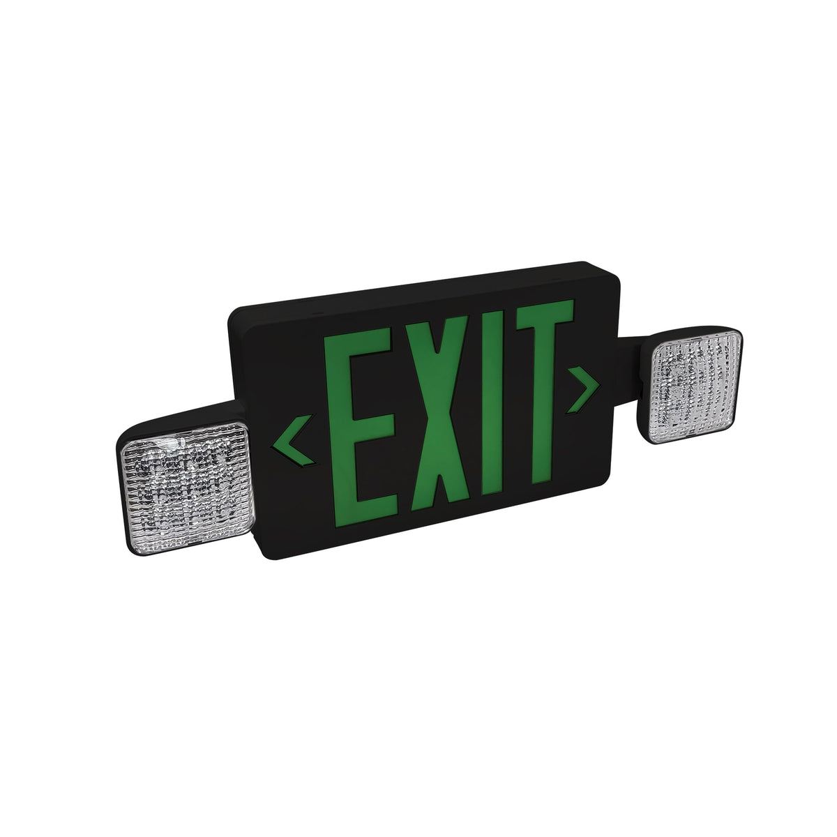 LED Exit and Emergency Combination with Adjustable Heads, Battery Backup, Green Letters / Black Housing
