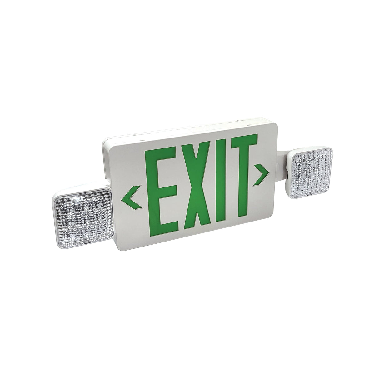 LED Exit and Emergency Combination with Adjustable Heads, Battery Backup, Green Letters / White Housing