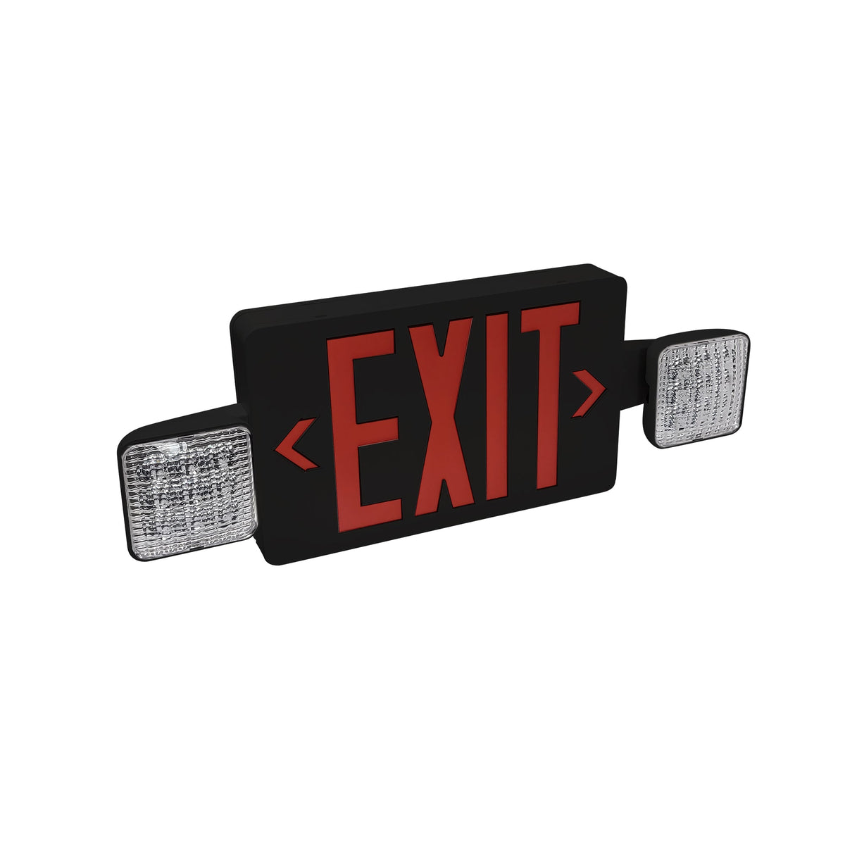 LED Exit and Emergency Combination with Adjustable Heads, Battery Backup, Red Letters / Black Housing