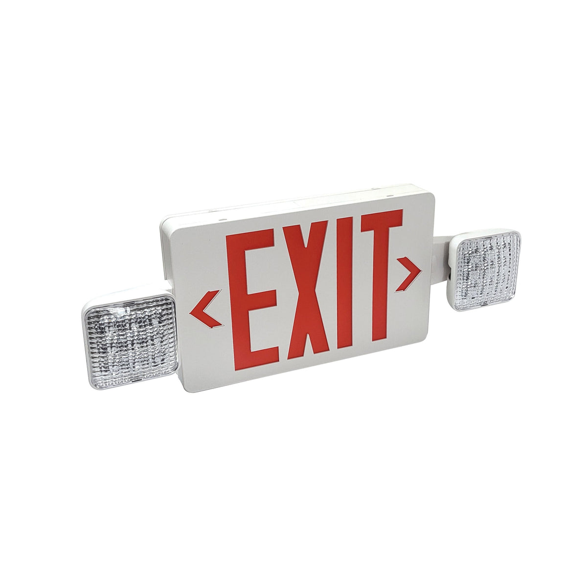 LED Exit and Emergency Combination with Adjustable Heads, Battery Backup, Red Letters / White Housing