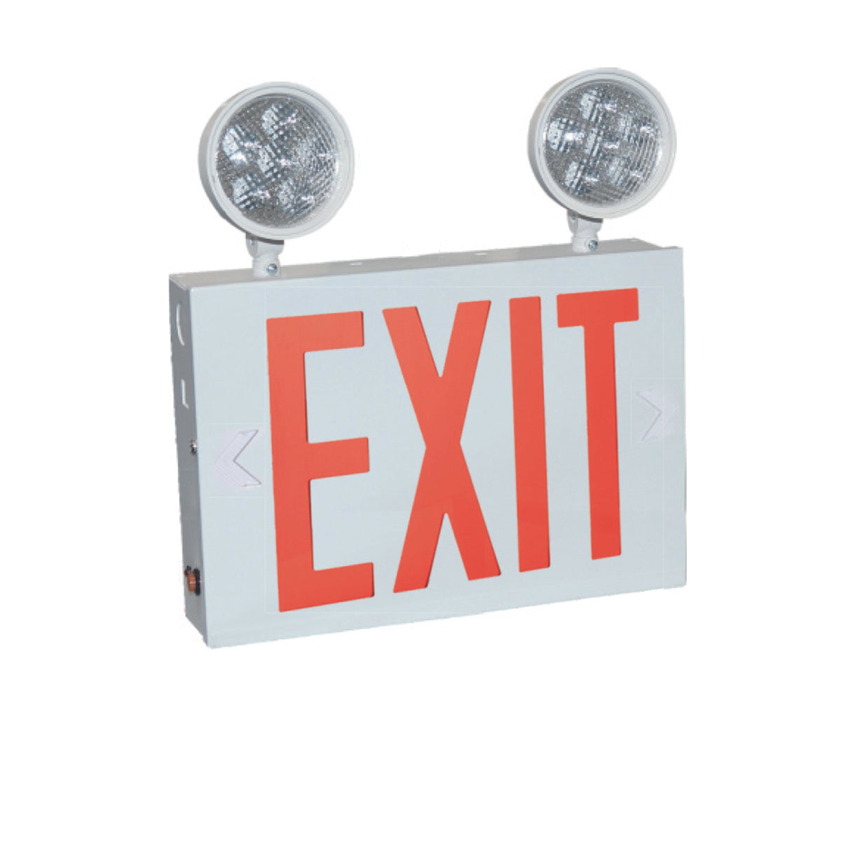NYC Approved Steel LED Exit with Two Adjustable Heads, 3W / 220lm, Battery Backup, White Housing w/ Red Letters