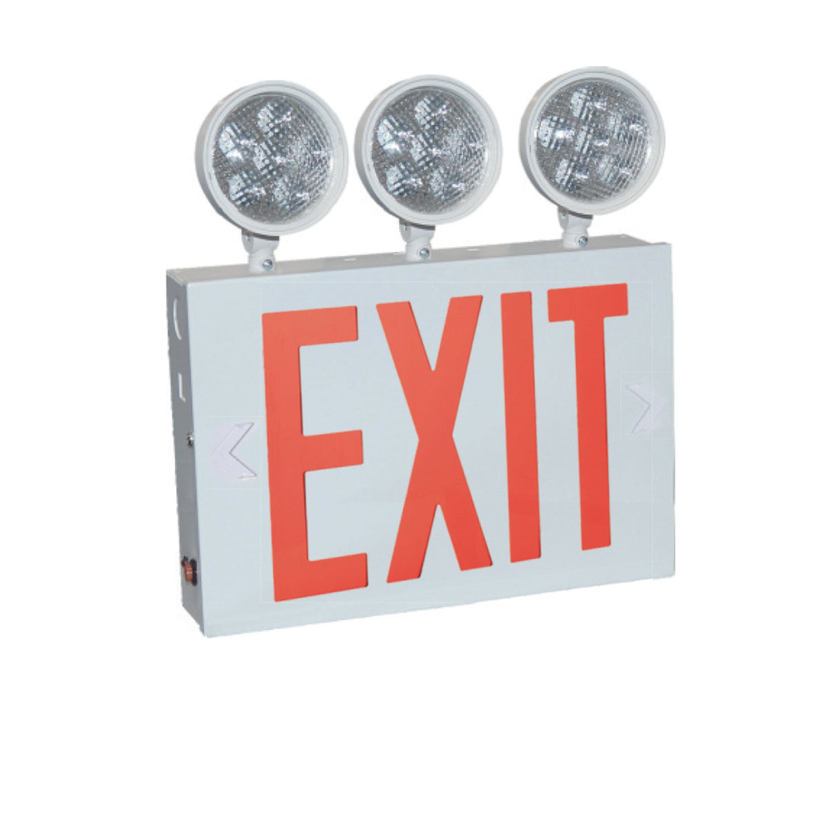 NYC Approved Steel LED Exit with Three 9W Adjustable Heads, Battery Backup, White Housing w/ Red Letters