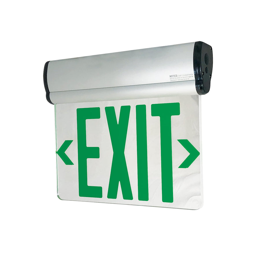 Surface Adjustable LED Edge-Lit Exit Sign, Battery Backup, 6" Green Letters, Double Face / Mirrored Acrylic, Aluminum Housing