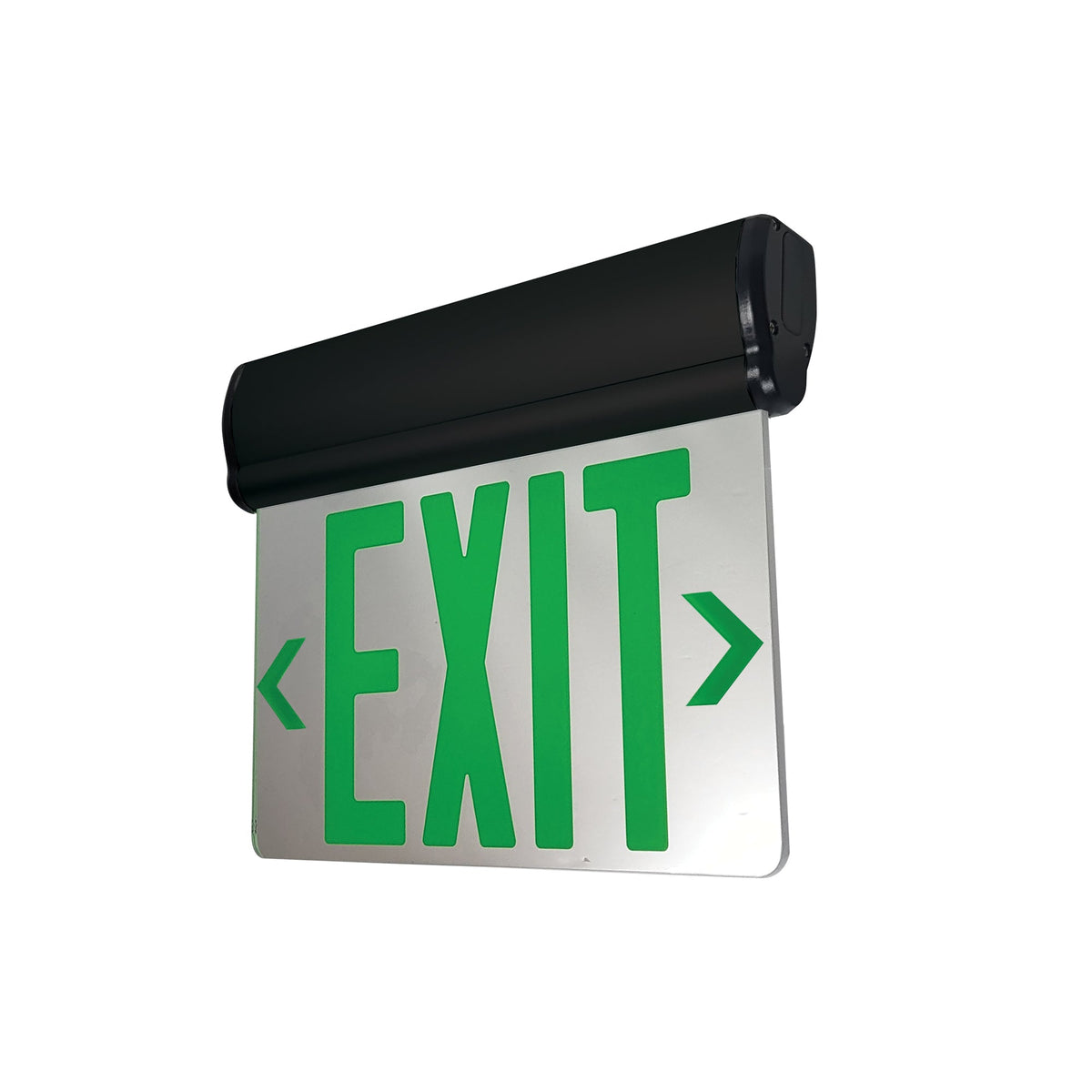 Surface Adjustable LED Edge-Lit Exit Sign, 2 Circuit, 6" Green Letters, Single Face / Mirrored Acrylic, Black Housing