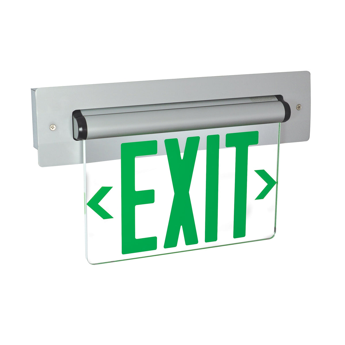 Recessed Adjustable LED Edge-Lit Exit Sign, Battery Backup, 6" Green Letters, Single Face / Clear Acrylic, Aluminum Housing