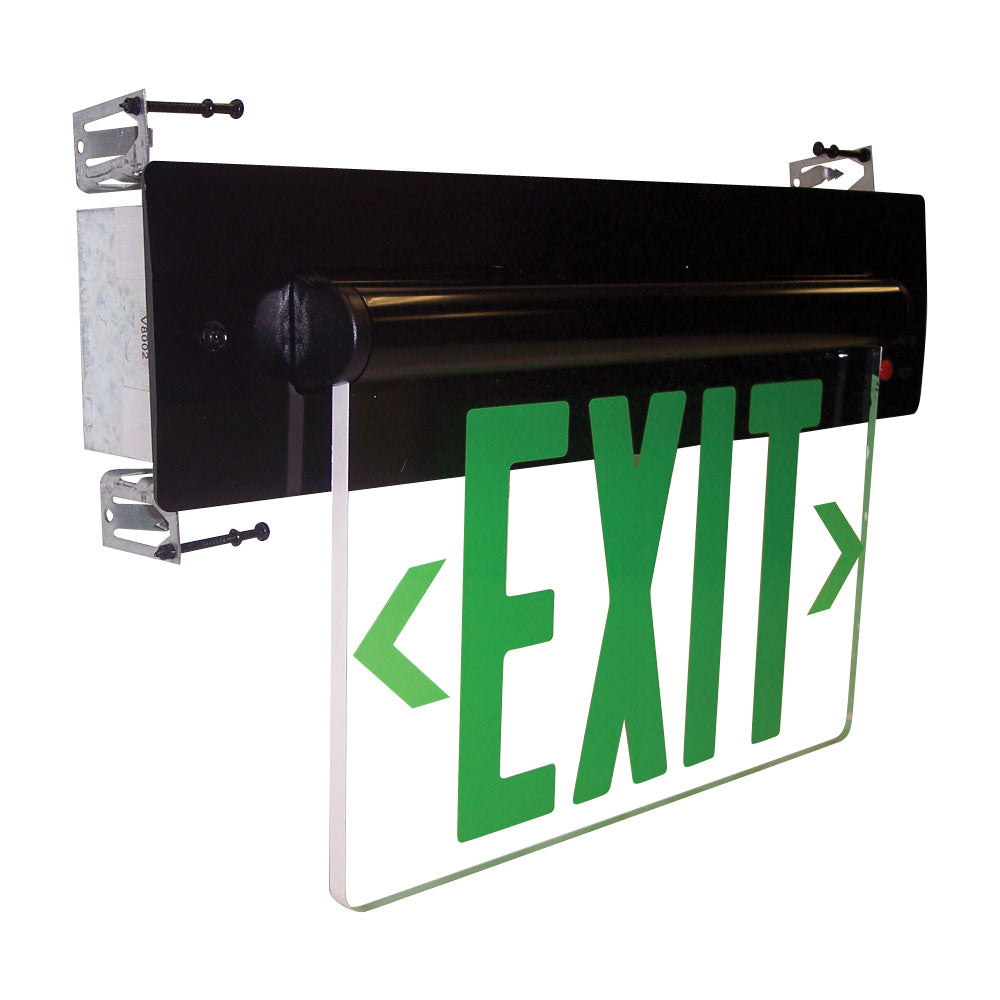 Recessed Adjustable LED Edge-Lit Exit Sign, AC Only, 6" Green Letters, Single Face / Clear Acrylic, Black Housing