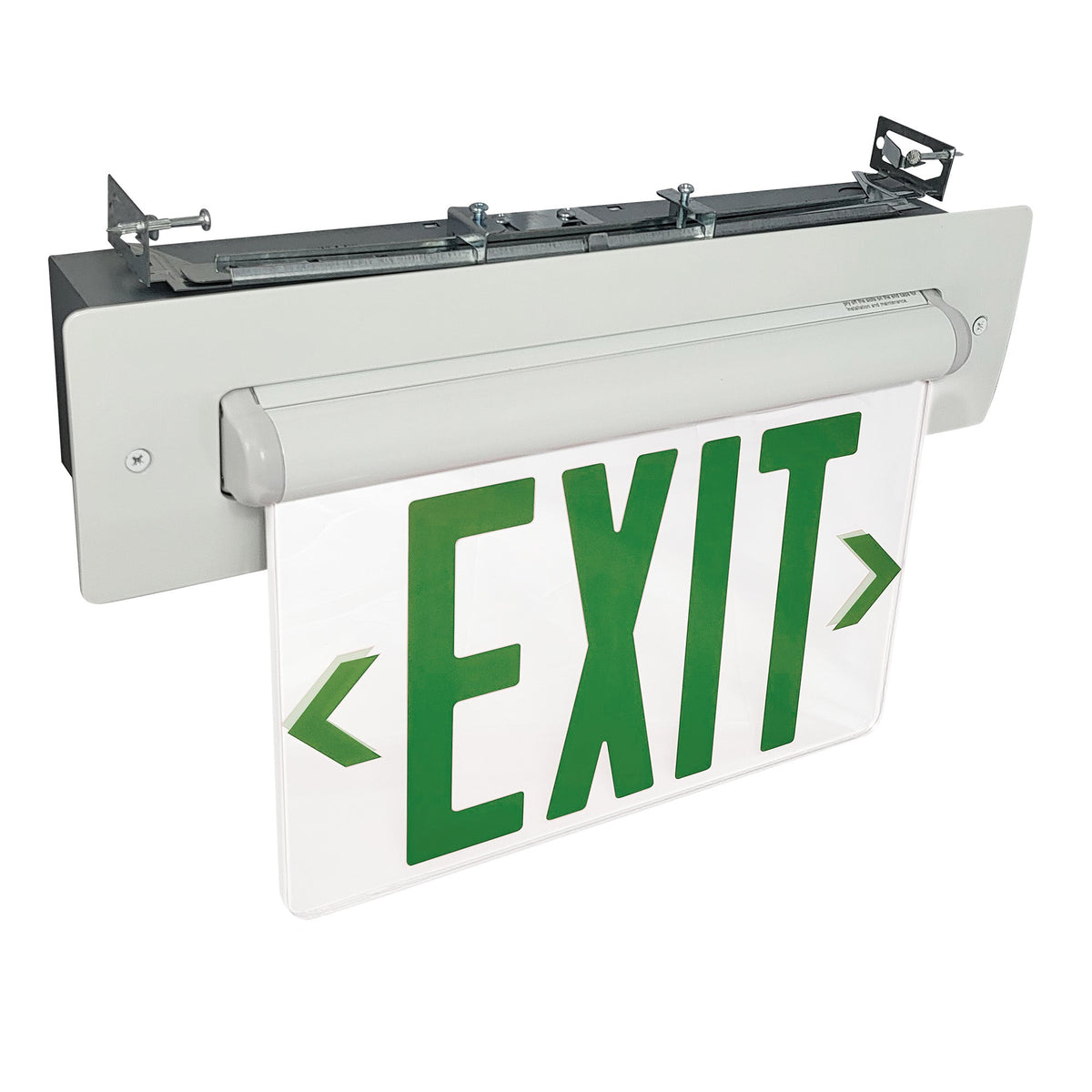 Recessed Adjustable LED Edge-Lit Exit Sign, 2 Circuit, 6" Green Letters, Single Face / Clear Acrylic, White Housing