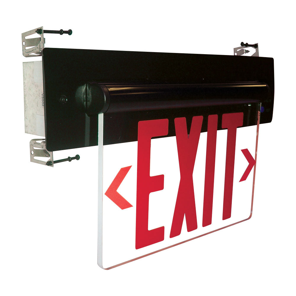 Recessed Adjustable LED Edge-Lit Exit Sign, Battery Backup, 6" Red Letters, Single Face / Clear Acrylic, Black Housing