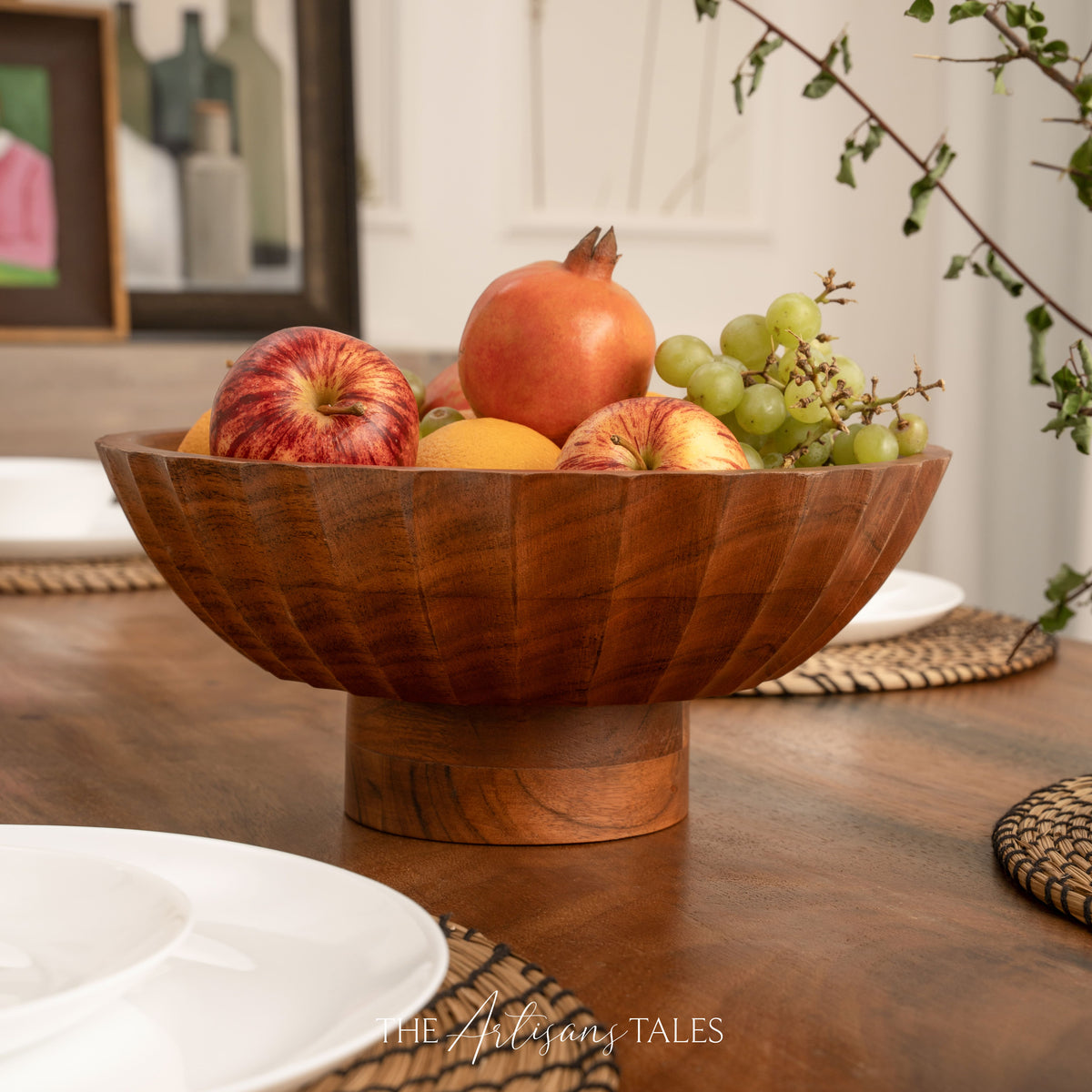 Carved Side-Footed Natural Acacia Bowl