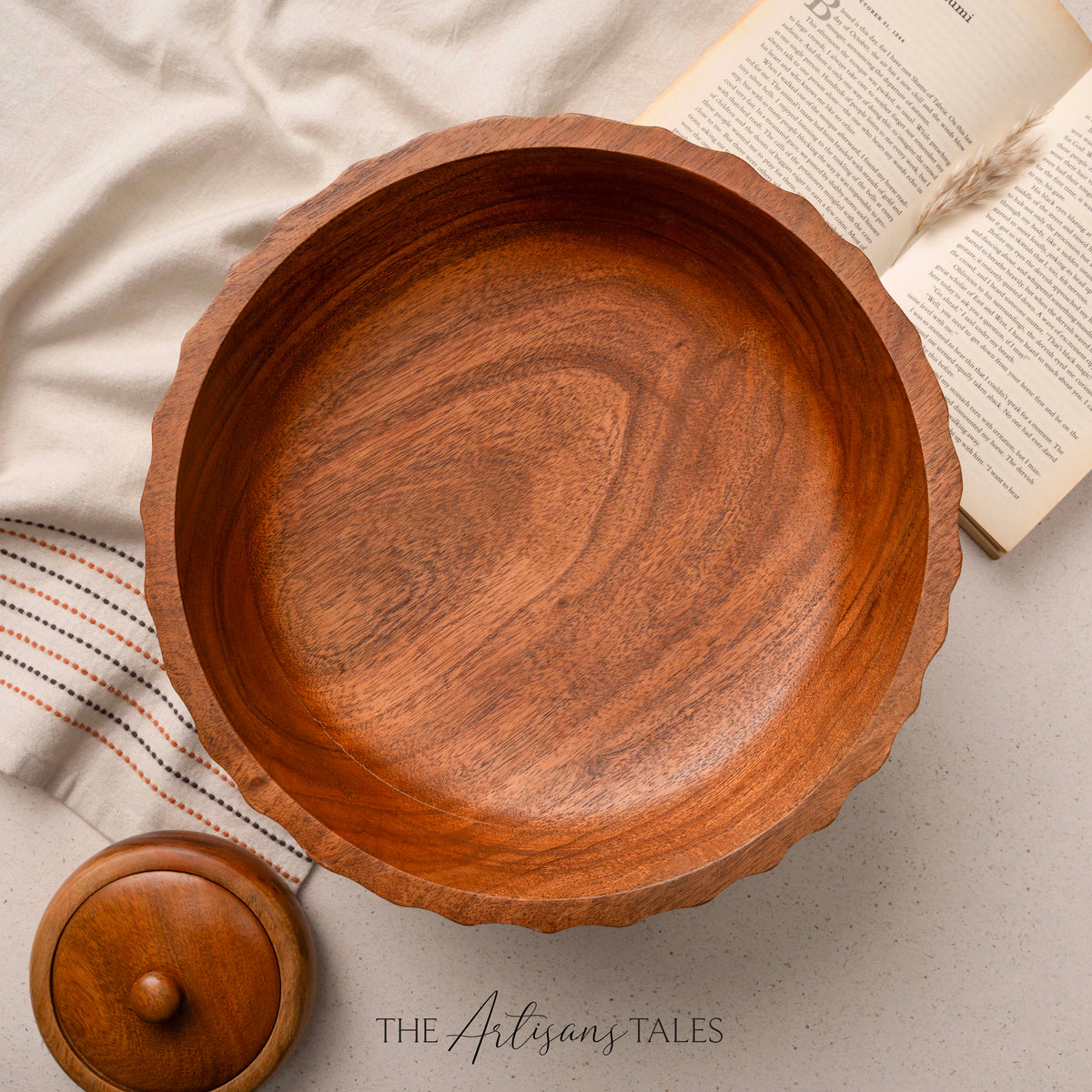 Carved Side-Footed Natural Acacia Bowl