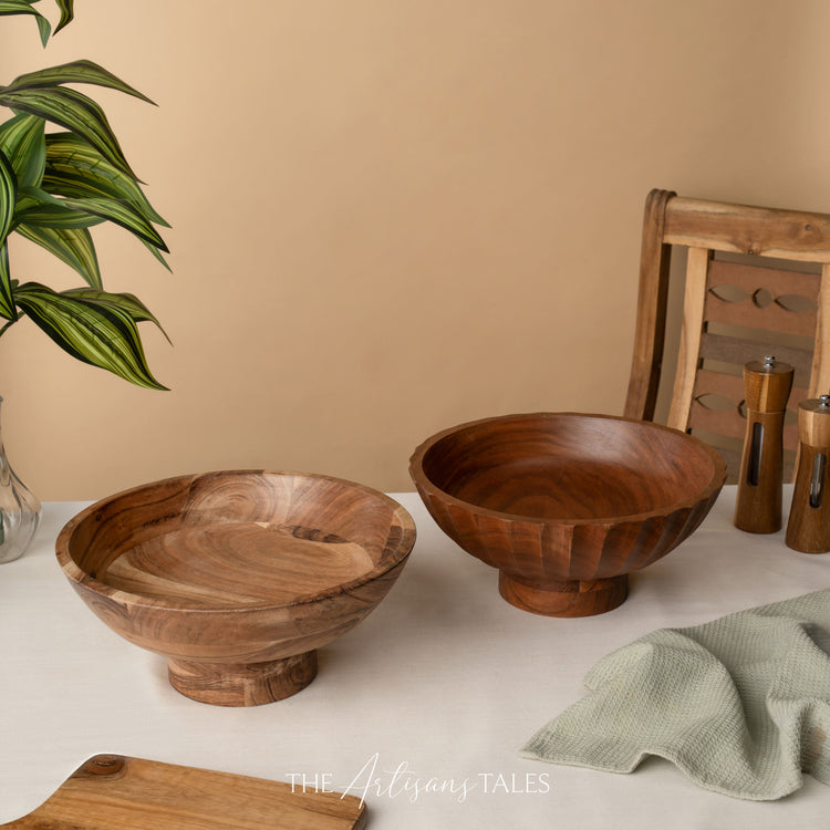 Carved Side-Footed Natural Acacia Bowl